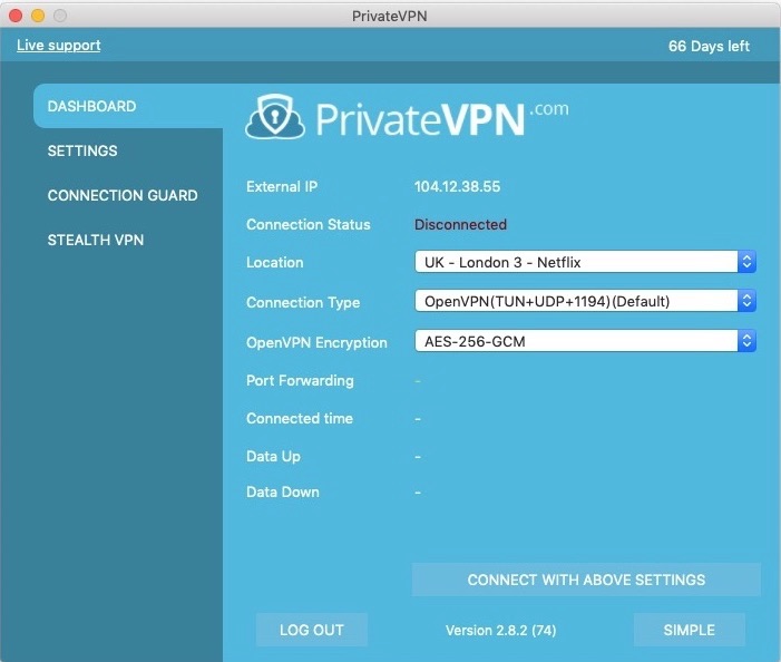 PrivateVPN dashboard screenshot